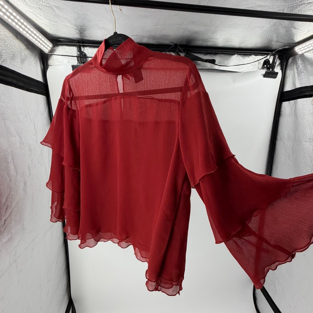 Ann Taylor Factory Red Mock Neck Ruffle Bell Sleeve Sheer Blouse Medium